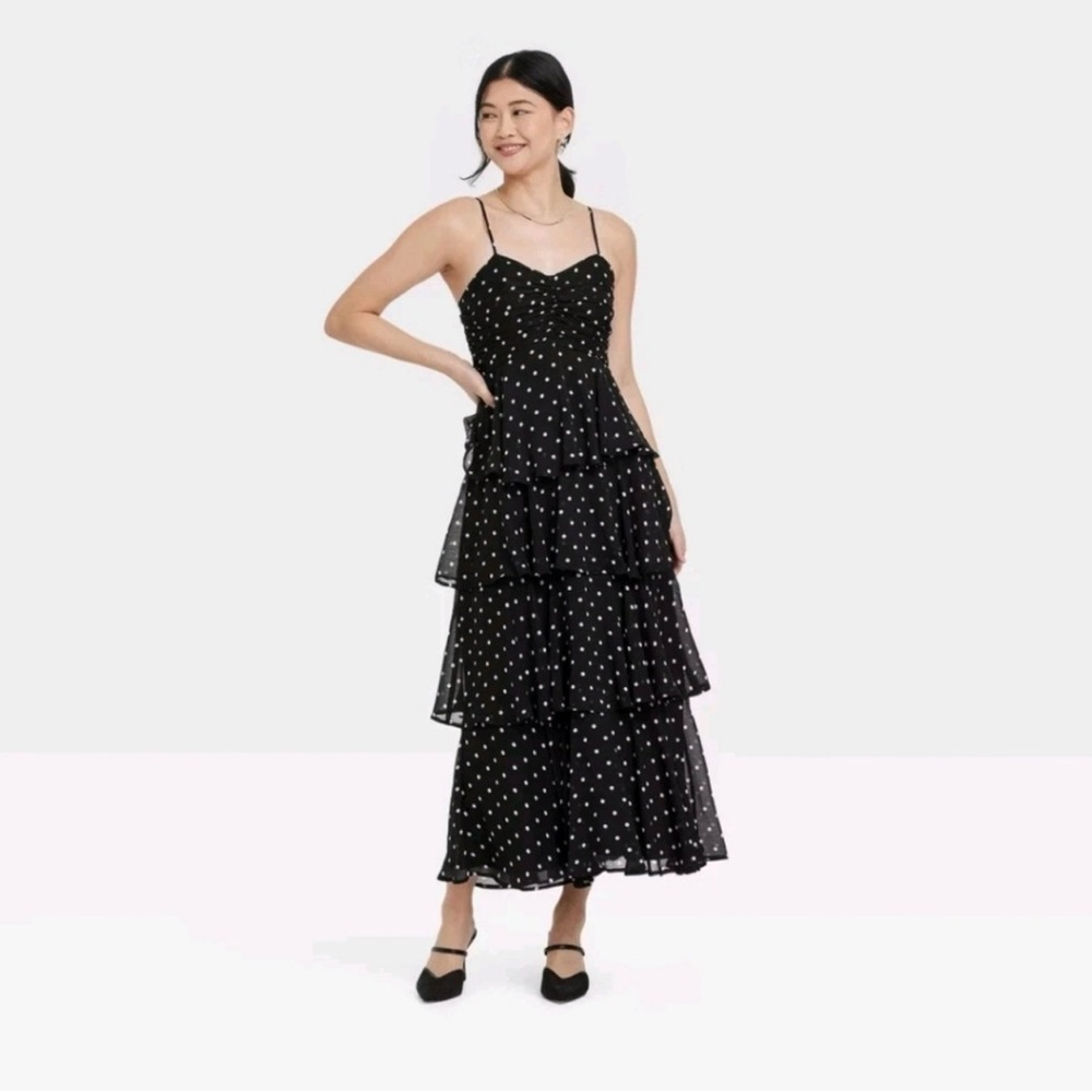 a new day Black and White Polka Dot Tiered Maxi Dress